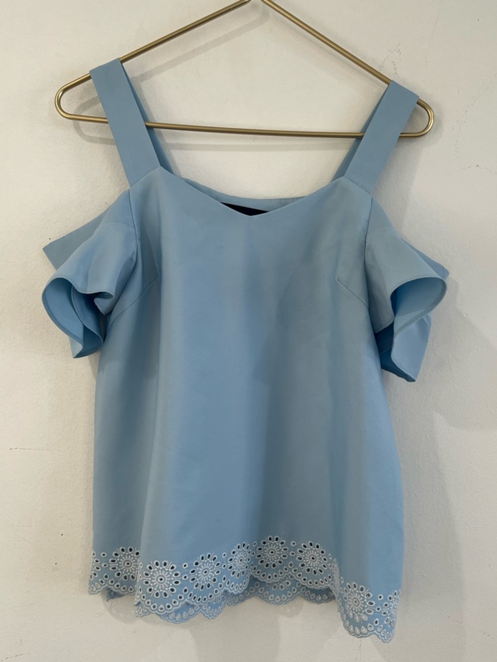 Blue Rain Cold-Shoulder Blue Eyelet Hem Women's Top S